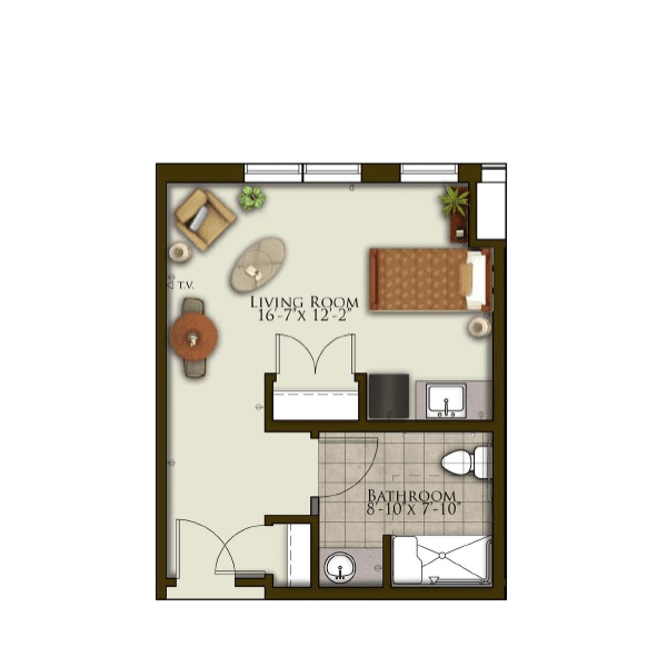 This image depicts a detailed one-bedroom apartment floor plan.