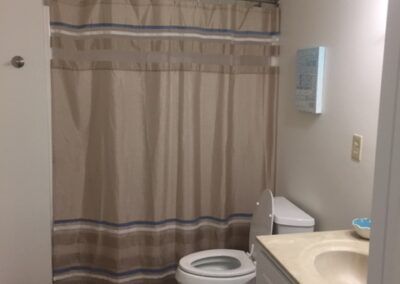 A bathroom with a toilet, sink, and shower curtain.