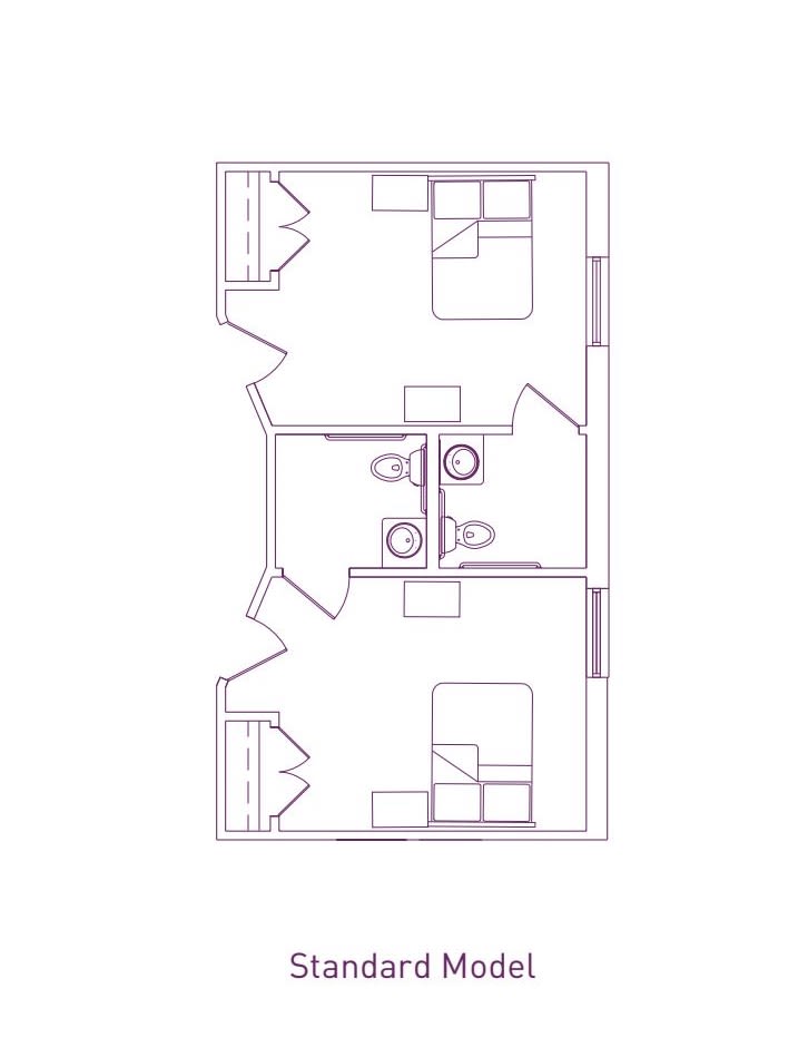 Architectural floor plan illustrating the layout of two adjacent living units with shared bathroom space.