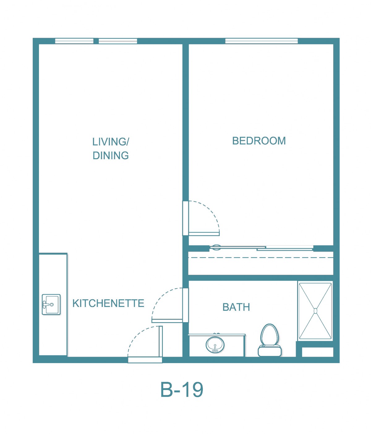 Floor plan of a studio apartment with a living/dining area, kitchenette, bedroom, and bathroom.