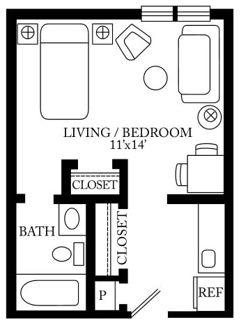 A floor plan of a studio apartment featuring a combined living and bedroom area, bathroom, and closets.