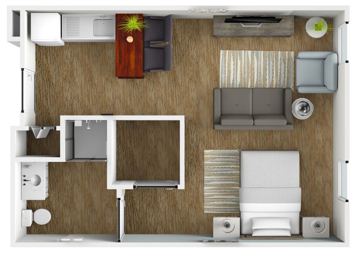 A top-down view of a one-bedroom apartment layout, featuring a living room, kitchen, bathroom, and bedroom.