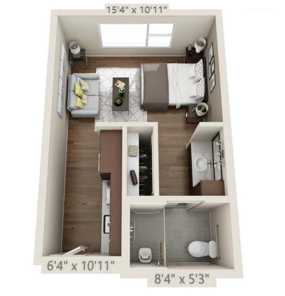Compact studio apartment floor plan with efficient use of space.