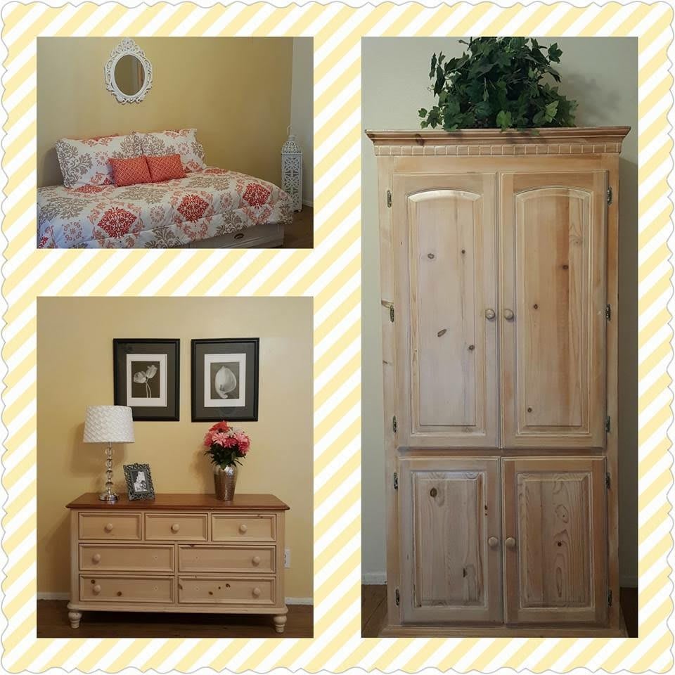 Cozy bedroom with wooden furniture and decorative accents.