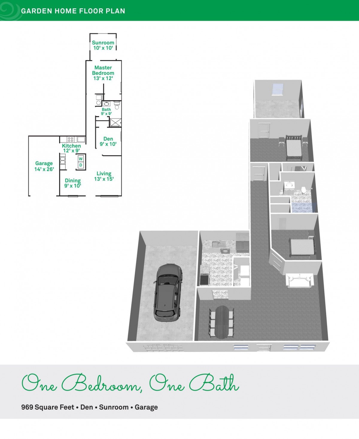 3D floor plan of a one-bedroom, one-bathroom apartment with a garage.