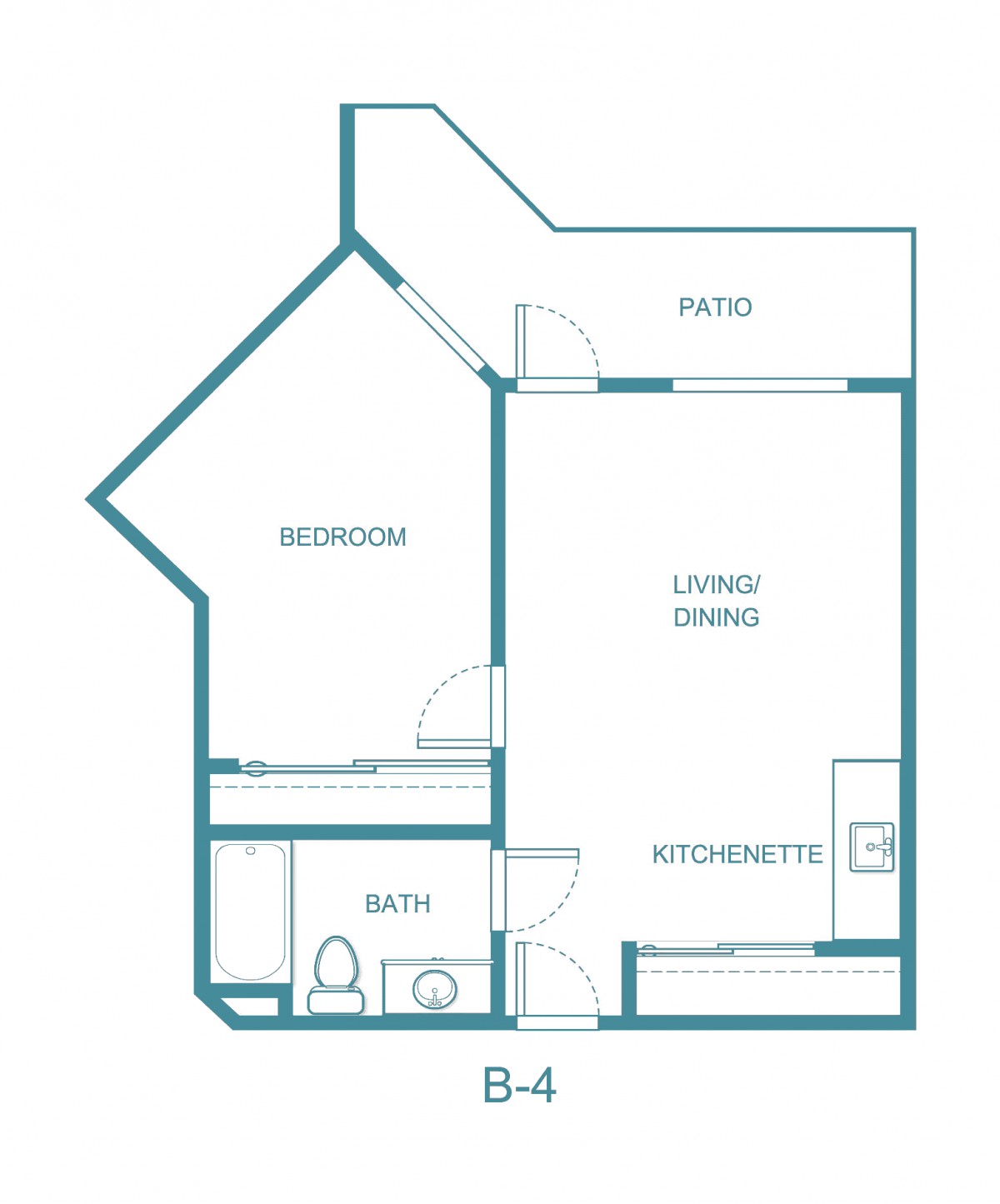 A floor plan of a one-bedroom apartment, featuring a patio, living/dining area, kitchenette, bedroom, and bathroom.