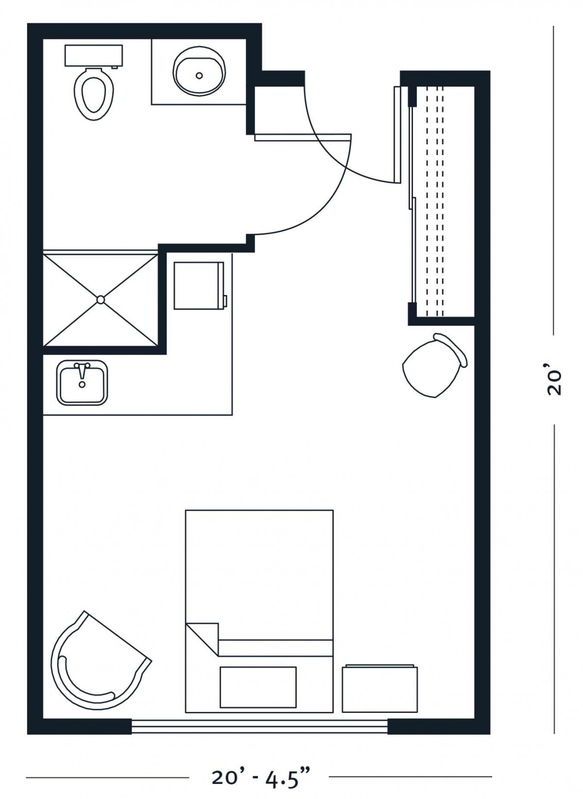 A compact room floor plan showcasing a minimalist design with essential amenities.