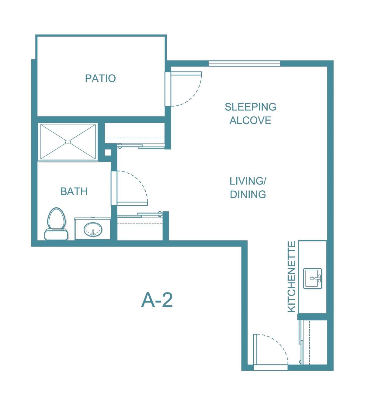 A floor plan of a studio apartment featuring a sleeping alcove, living/dining area, kitchen, bathroom, and patio.