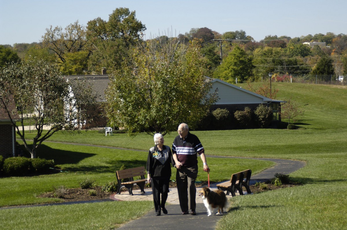 An elderly couple walking their dog along a path in a park setting.