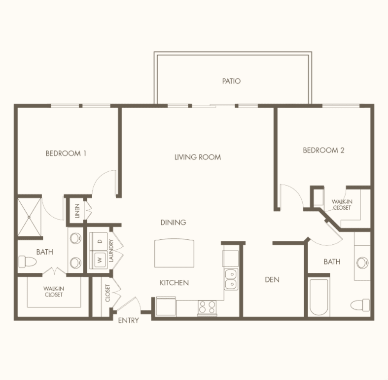 A detailed floor plan of a residential home featuring two bedrooms, a living area, kitchen, and patio.