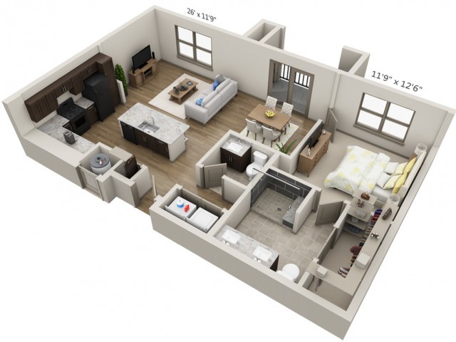 3D floor plan of a one-bedroom apartment with modern interior design.