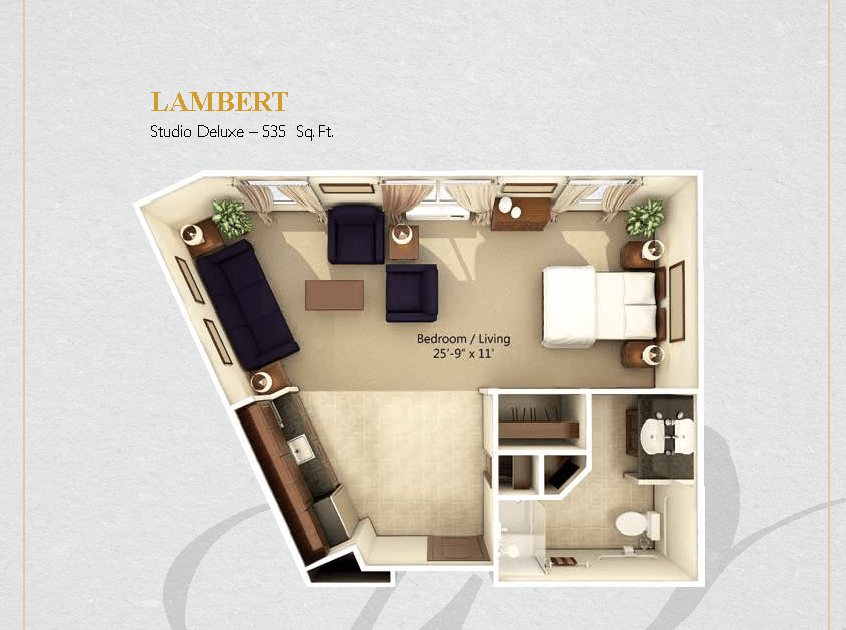 A detailed floor plan of the Lamberti studio apartment, showcasing a compact and efficient interior layout.