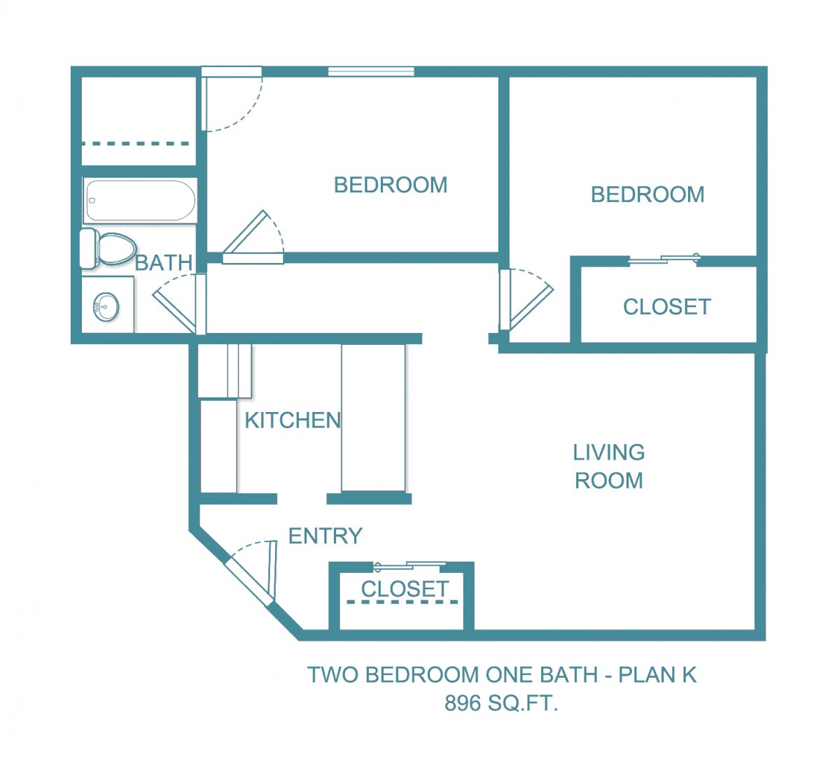 A floor plan of a two-bedroom, one-bathroom apartment layout with a living room and kitchen.