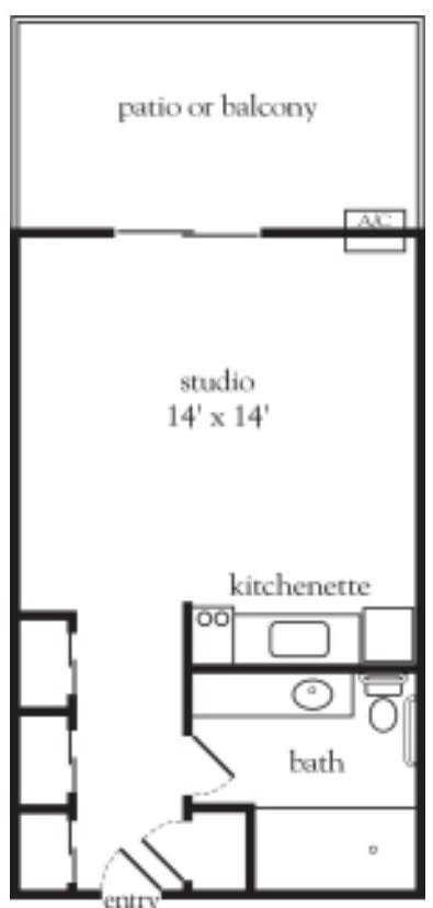 Floor plan of a studio apartment with a kitchenette.