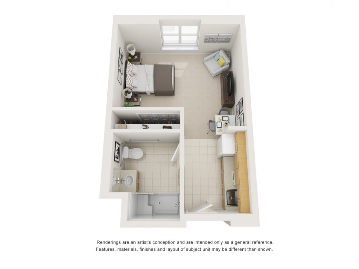 A 3D floor plan rendering of a compact studio apartment showcasing a functional furniture arrangement.
