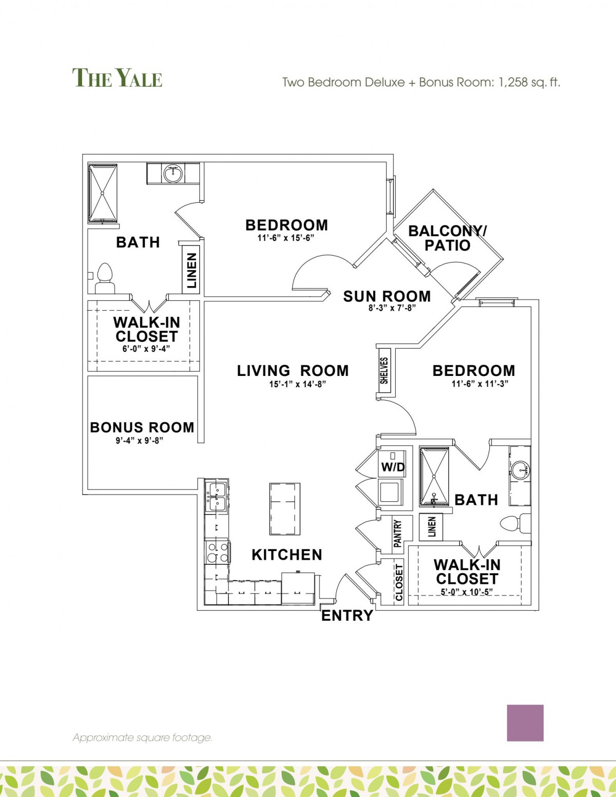 A detailed floor plan of a two-bedroom apartment featuring a living room, kitchen, two bathrooms, walk-in closets, and a balcony patio.