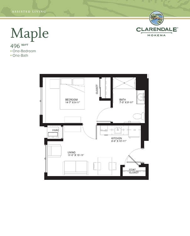A detailed floor plan of a Maple apartment featuring one bedroom and one bathroom.