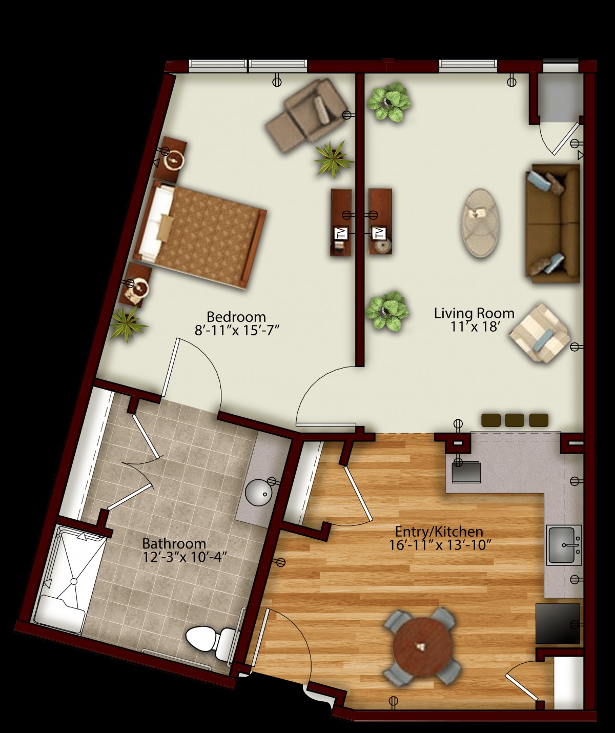 A floor plan of a small apartment with a bedroom, living room, kitchen, and bathroom.