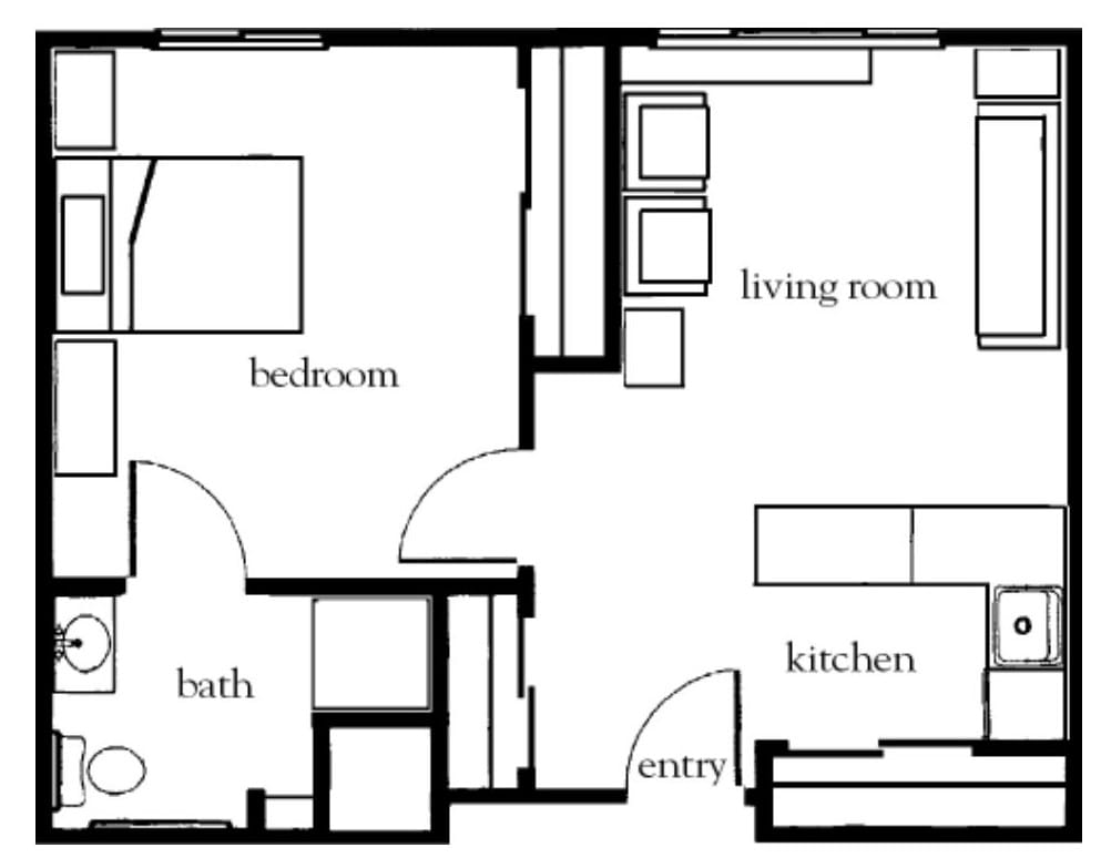 A simple floor plan showcasing a one-bedroom apartment with a living room, kitchen, and bathroom.