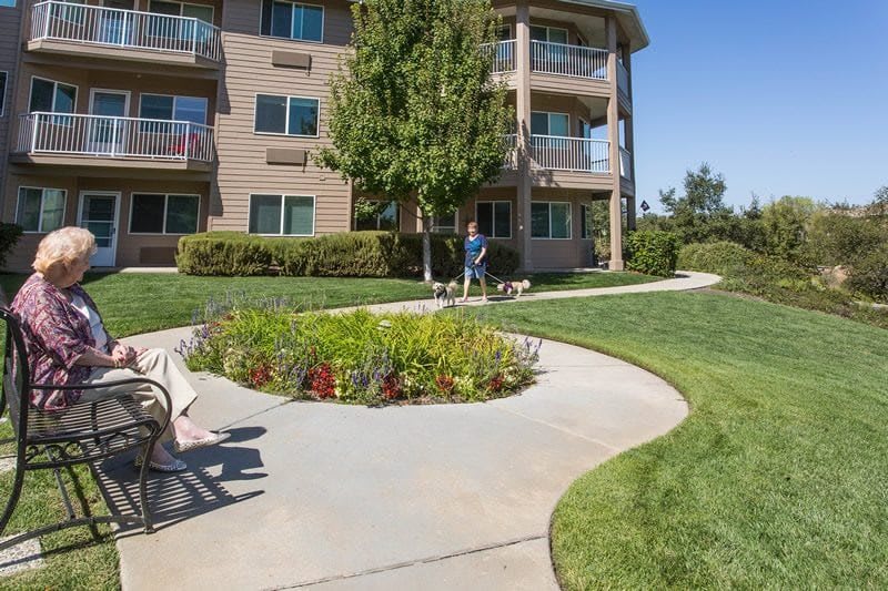 A person walks a dog along a sidewalk in front of an apartment building, surrounded by landscaped gardens and greenery.