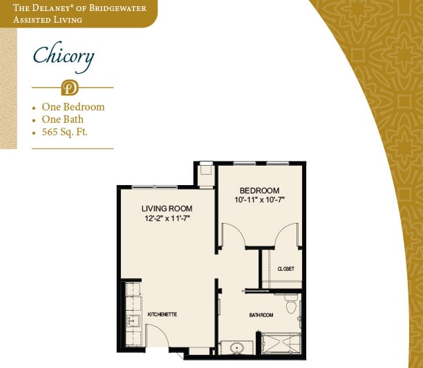 Floor plan of the Chiavy one-bedroom apartment with a living room, bedroom, kitchen, and bathroom layout.