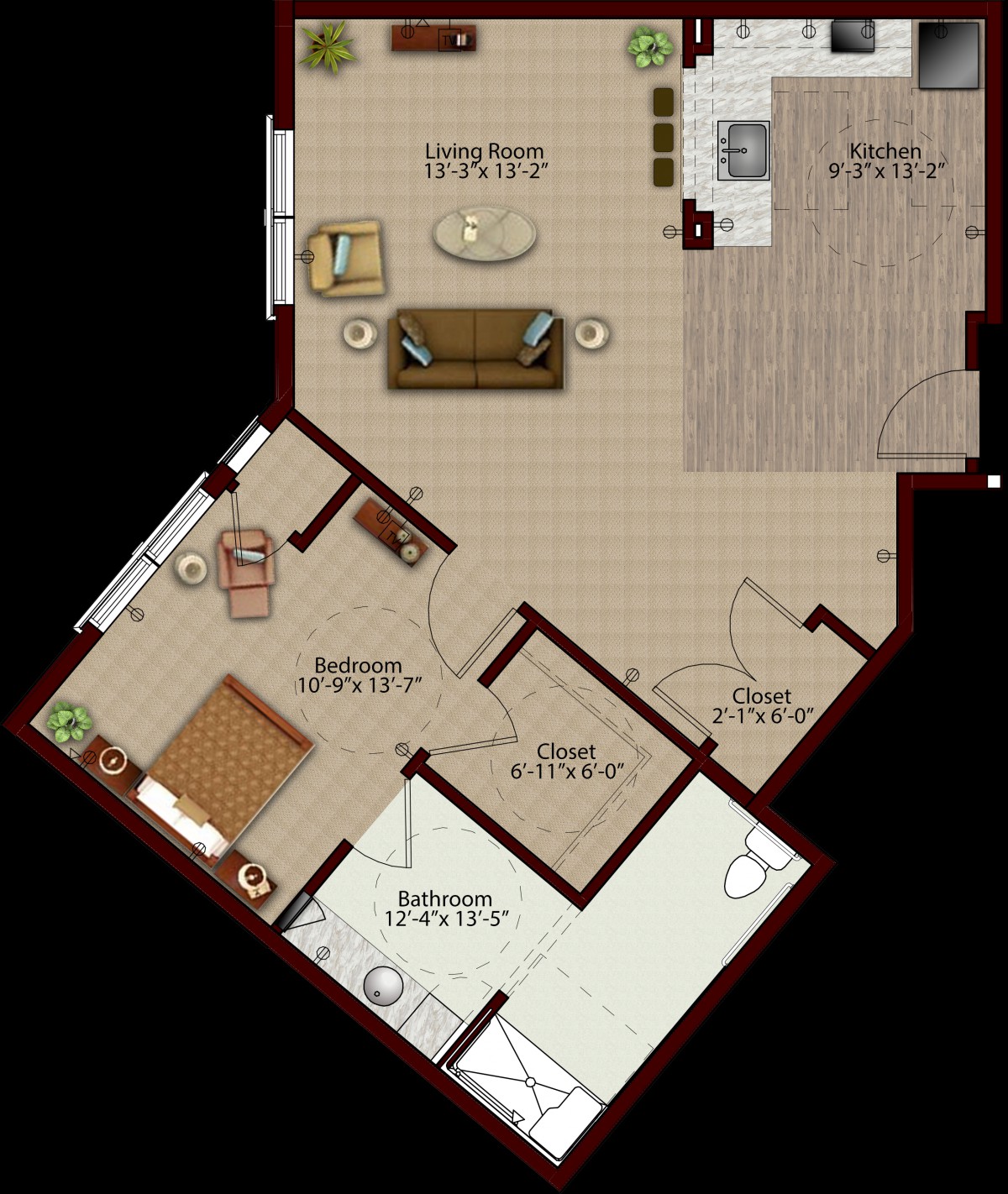 A floor plan of an apartment featuring a living room, kitchen, bedroom, and bathroom.