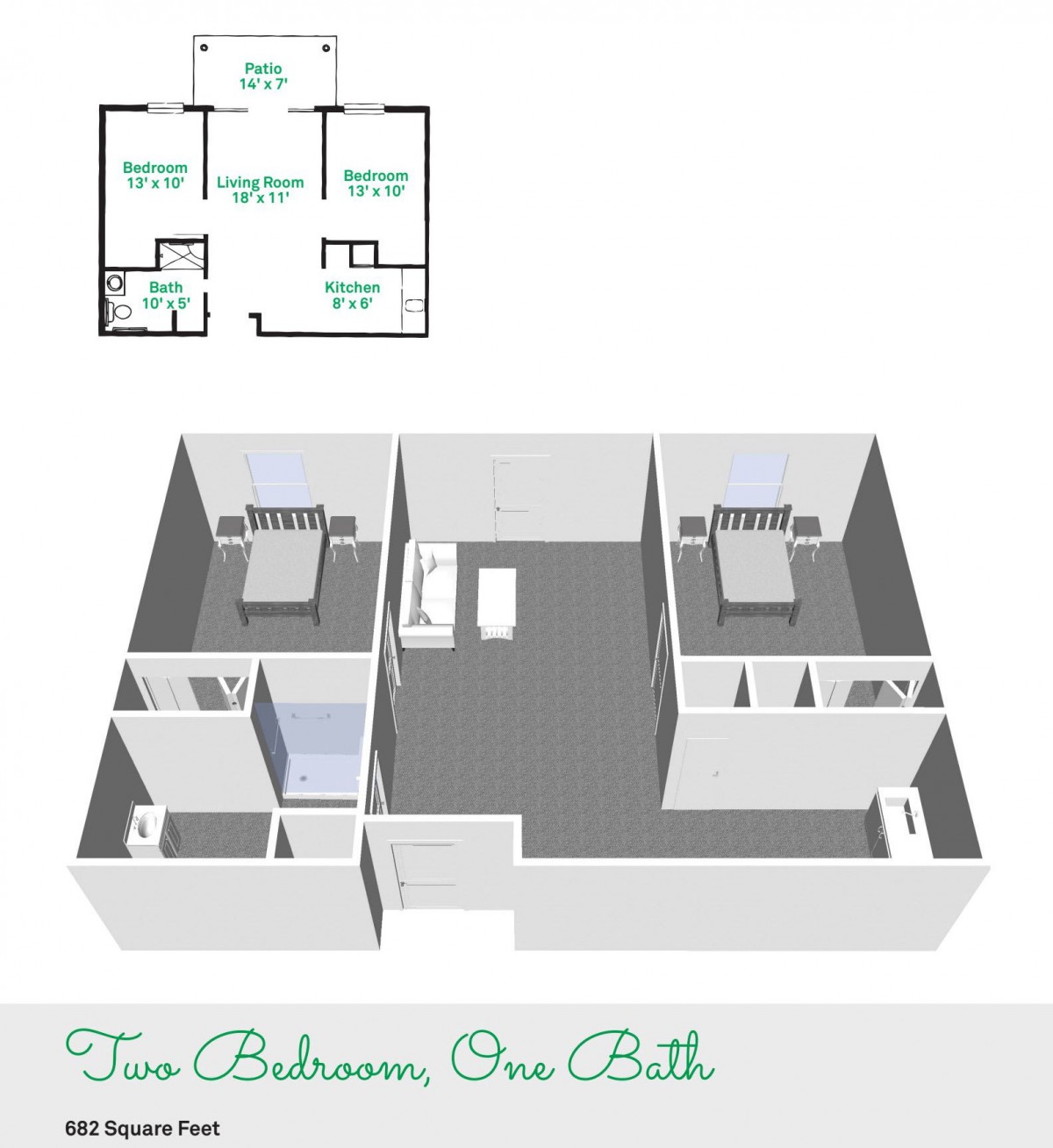 3D floor plan of a two-bedroom, one-bathroom apartment.