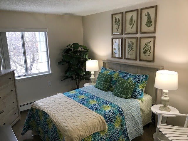 A cozy bedroom with patterned bedding, elegant artwork, and soft lighting.