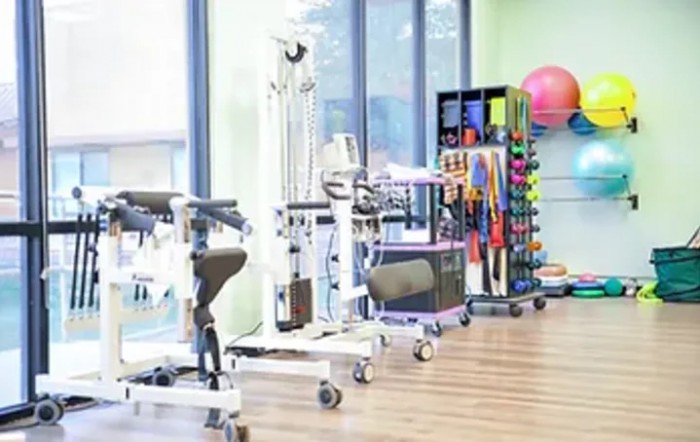 A well-equipped physical therapy room featuring various rehabilitation and exercise equipment.