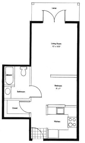 A floor plan of a studio apartment featuring a living room, bedroom, bathroom, and closet.