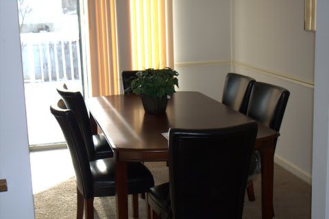 A dining room with a wooden table and six chairs, featuring a potted plant centerpiece.