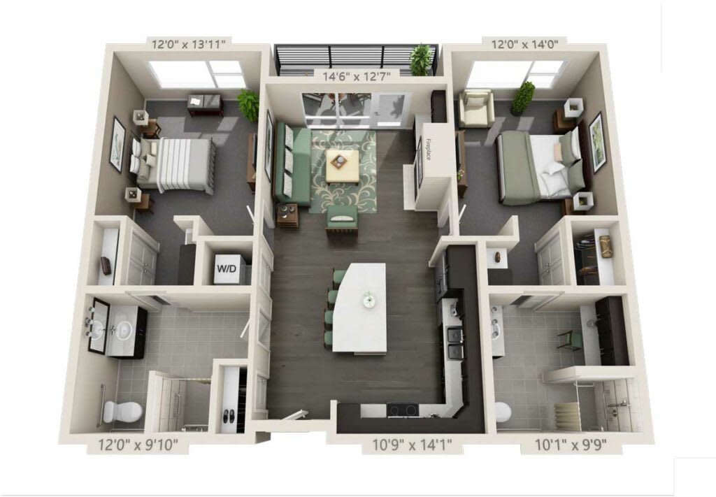 A detailed floor plan of a two-bedroom apartment showcasing the layout and furniture arrangement.