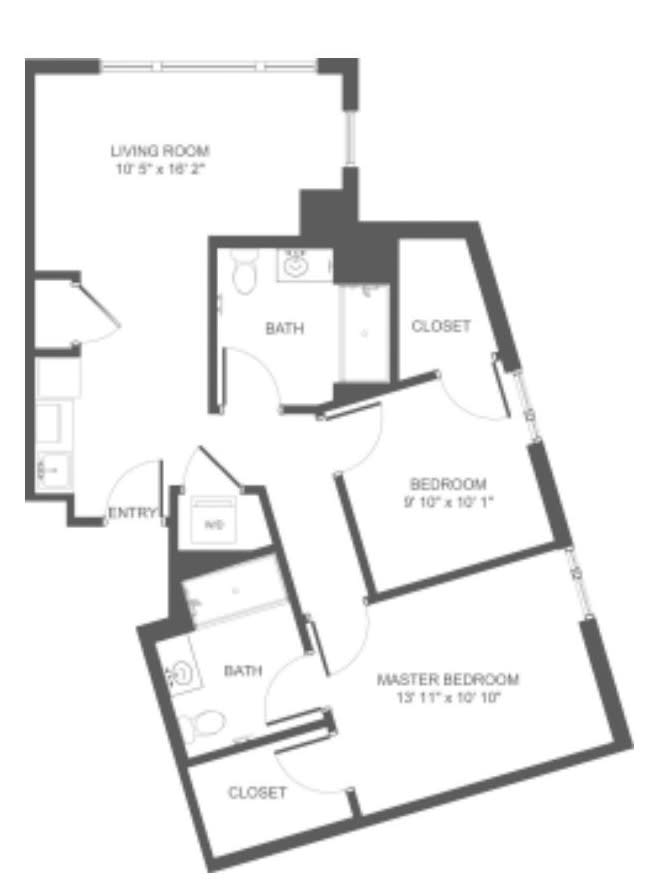 Detailed floor plan of a two-bedroom apartment layout.