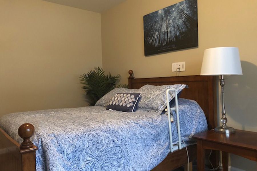 A cozy bedroom featuring a patterned bedspread, pillows, a bedside lamp, and a wall painting with nature scenery.