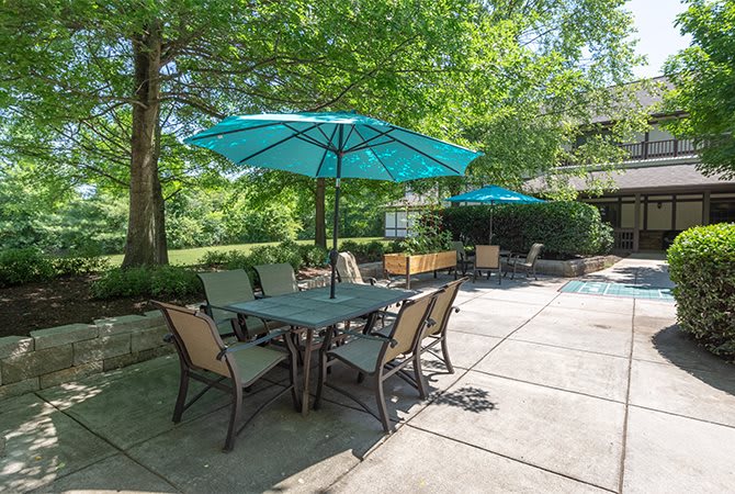 A serene outdoor patio area with a table and chairs under a blue umbrella, surrounded by lush greenery.