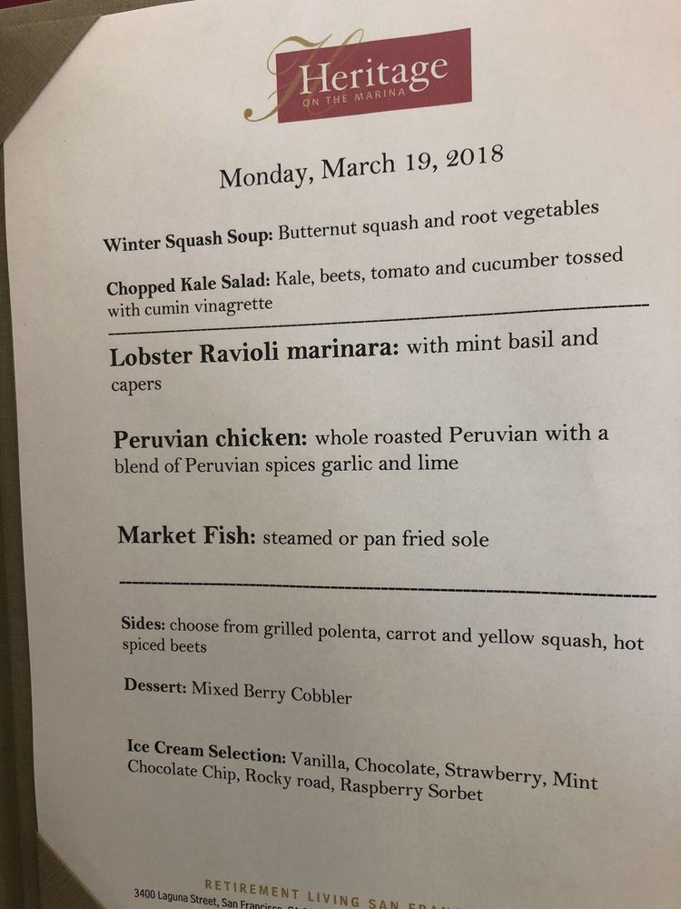 Restaurant menu featuring soups, salads, entrees including chicken and fish, and desserts.