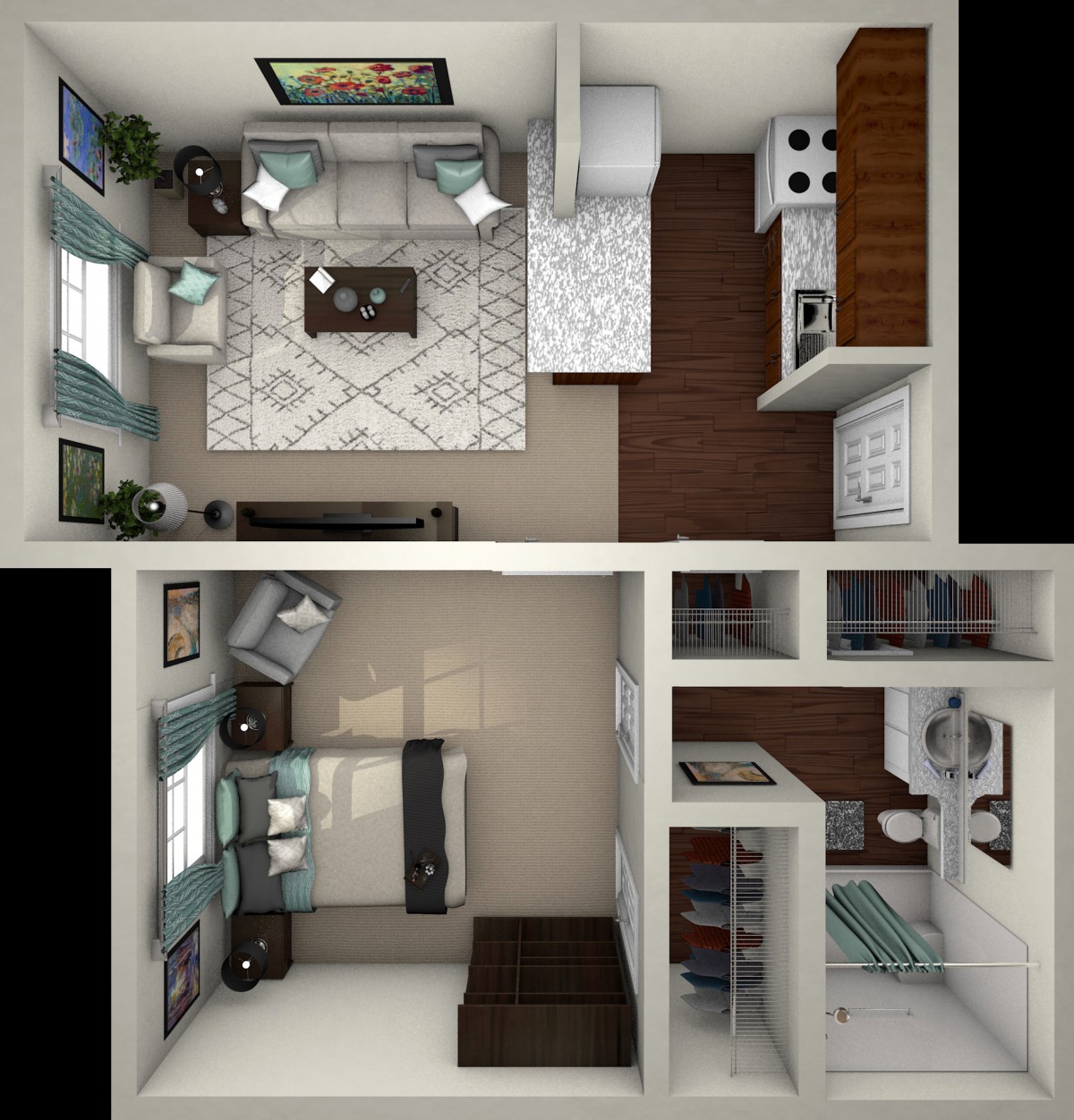 A 3D floor plan of a compact apartment featuring a living room, kitchen, and bedroom.