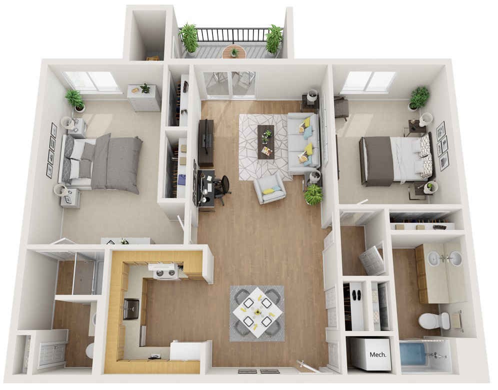 A detailed floor plan of a two-bedroom apartment featuring a spacious living room, kitchen, and bathroom.