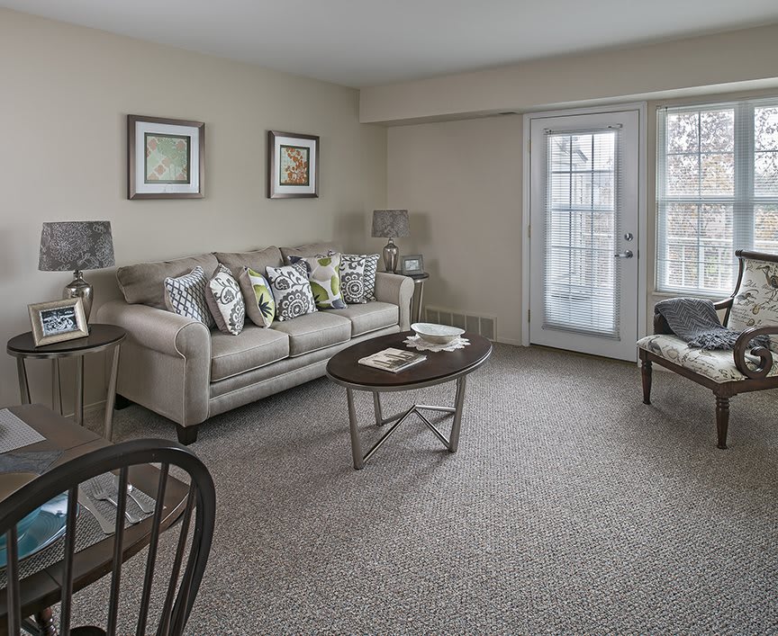 A cozy living room featuring a sofa, coffee table, and tasteful decor.