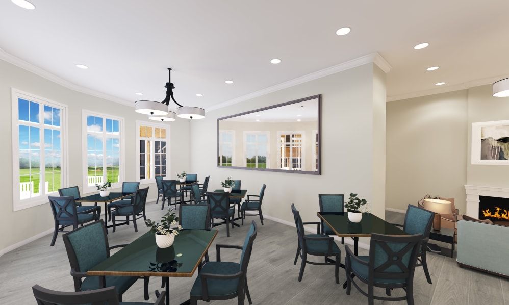 A modern dining room with neatly arranged tables and chairs, complemented by decorative plants and a large wall mirror.