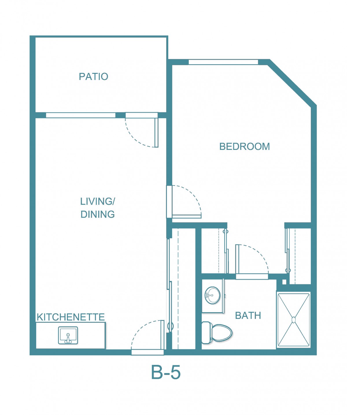 Floor plan of a one-bedroom apartment with living/dining area, kitchenette, bathroom, and patio.