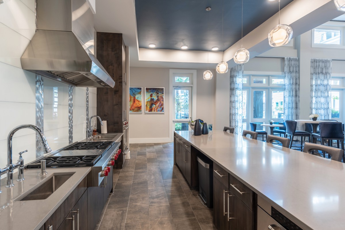 A modern kitchen with sleek appliances and stylish lighting.