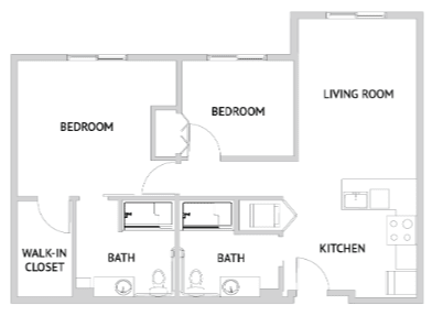 A floor plan depicting the layout of an apartment with two bedrooms, a living room, kitchen, and two bathrooms.