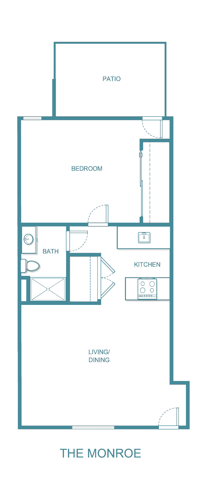 A simple floor plan layout with a living area, kitchen, and bathroom.