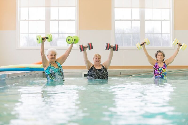 Elderly women participating in a water aerobics class, lifting weights in a pool.