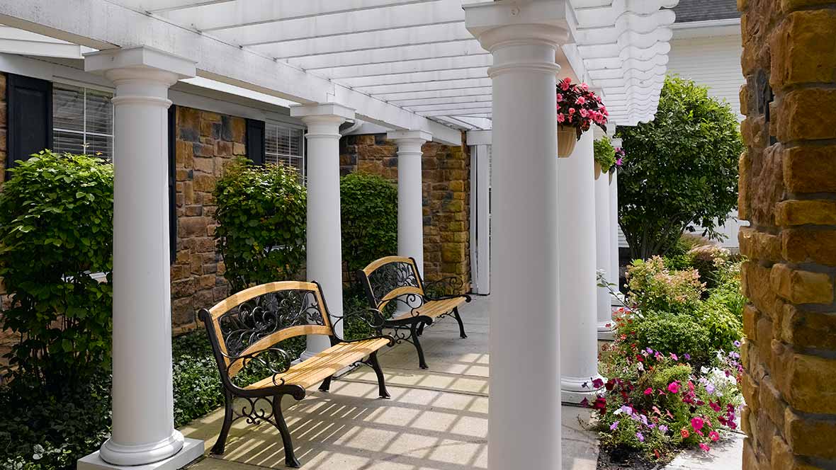 A charming outdoor walkway with a white pergola, benches, and lush greenery.