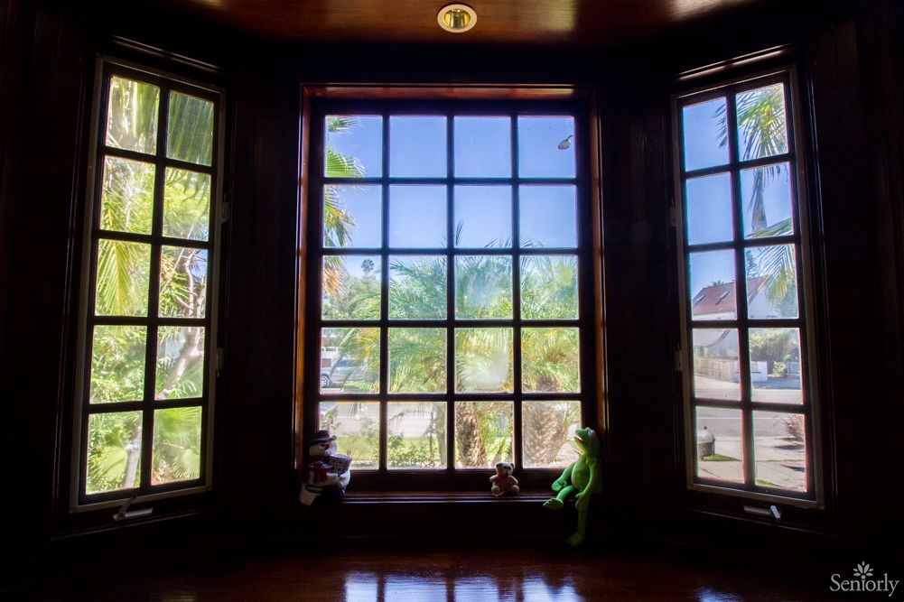 A sunlit room with a large window offering a view of lush trees outside.