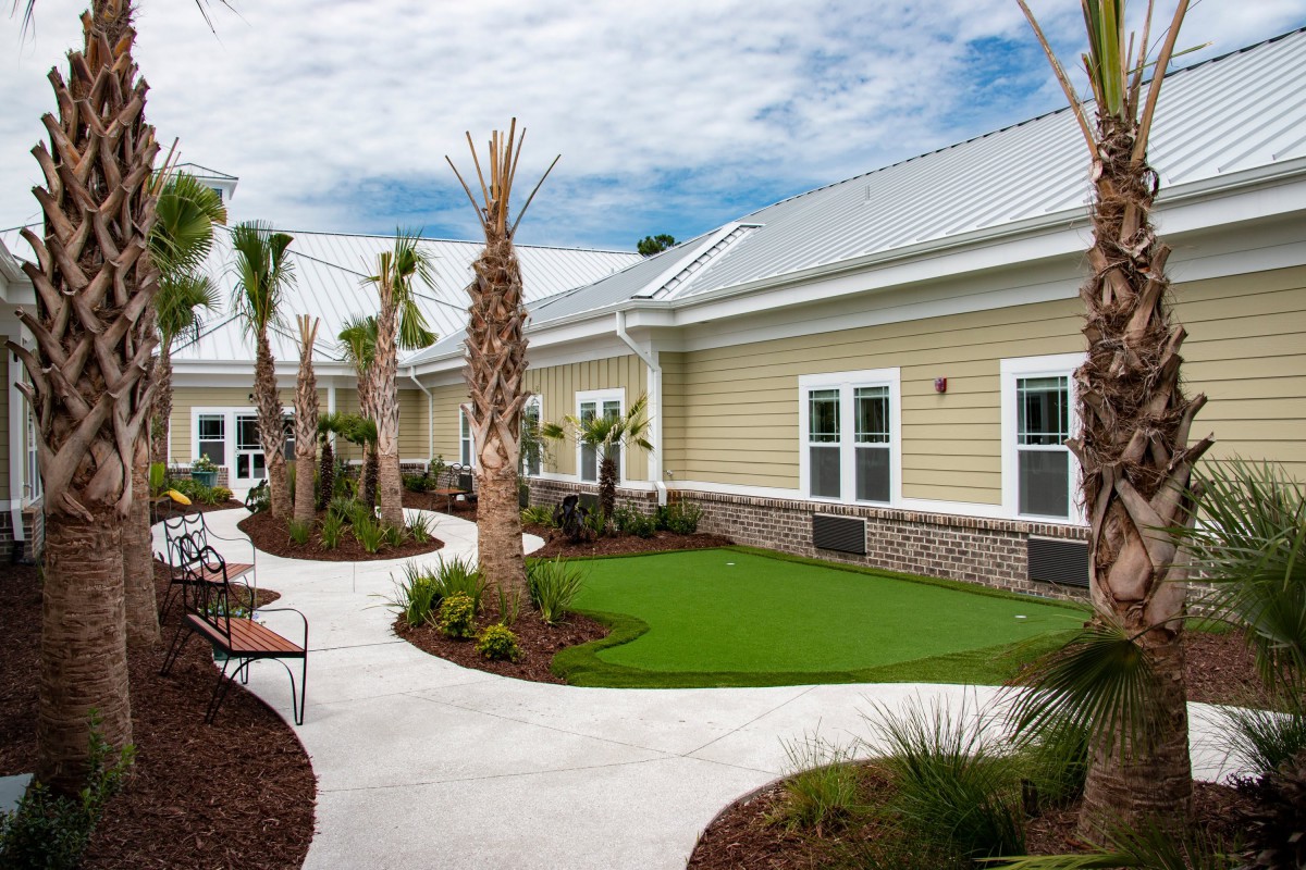 A well-maintained outdoor area with a pathway surrounded by palm trees and a modern building.