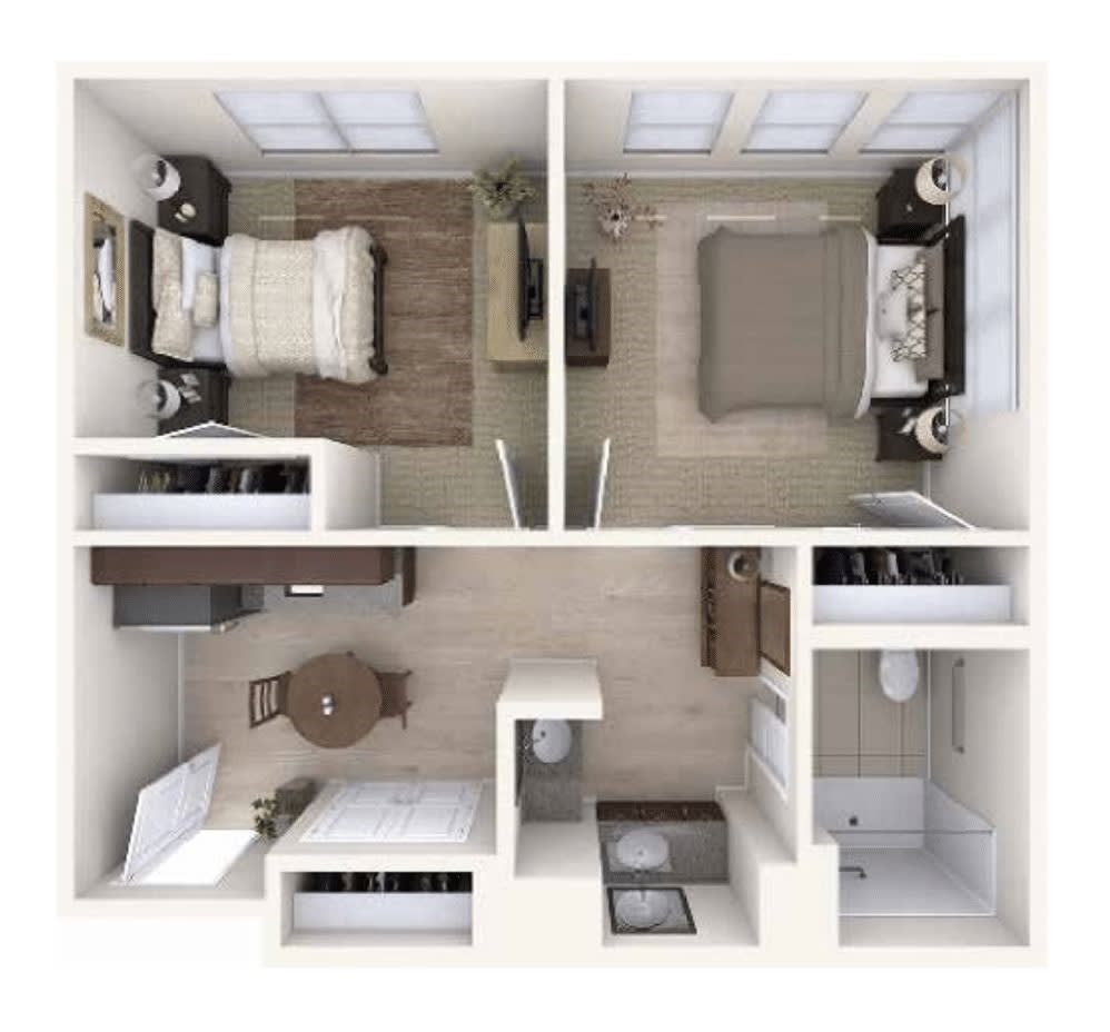A two-bedroom apartment floor plan featuring a kitchen, living area, and bathroom.