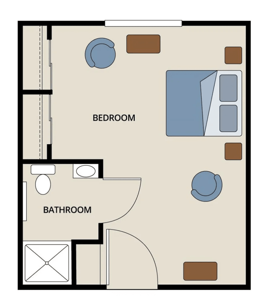 A simple floor plan depicting a bedroom with an adjoining bathroom.